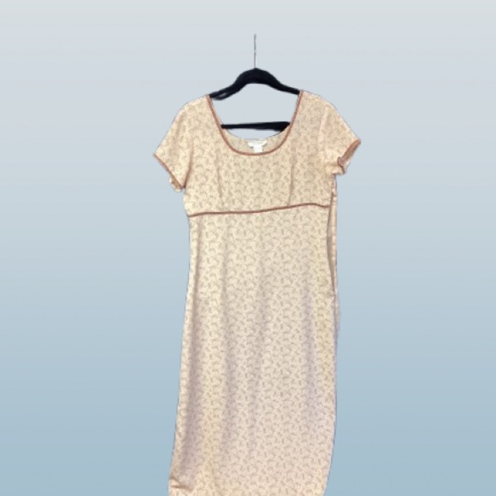 Cream Short-Sleeve Midi Dress with Tan Contrast Trim